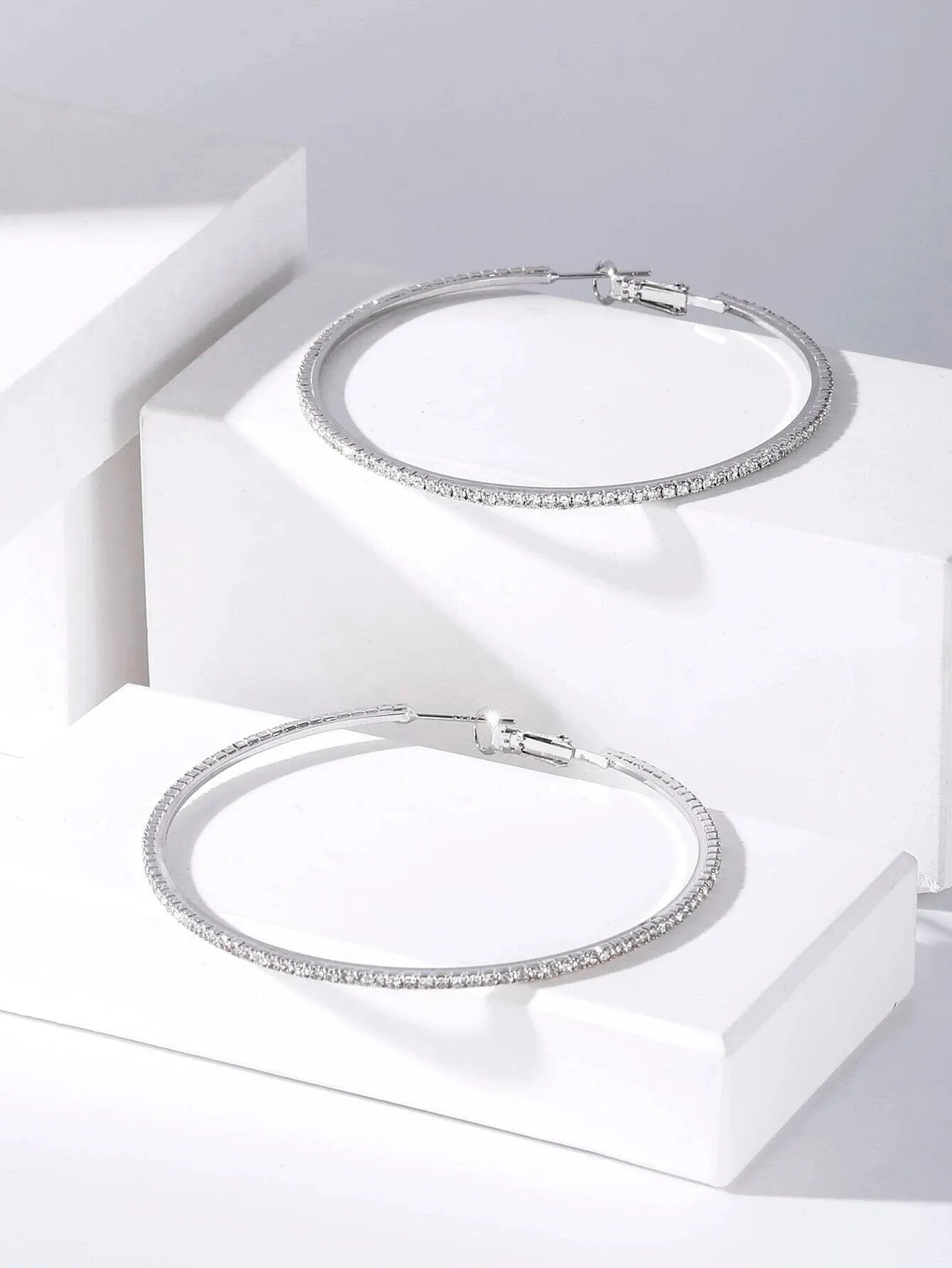 Large Crystal Hoop Earrings, Omega Latch Back Hooped Earrings, 60MM Bridal Hoop Earrings, Diamond Studded Hoop Earrings