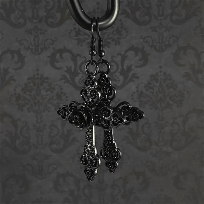 Large Gothic Cross Earrings with Black Rose Detail.