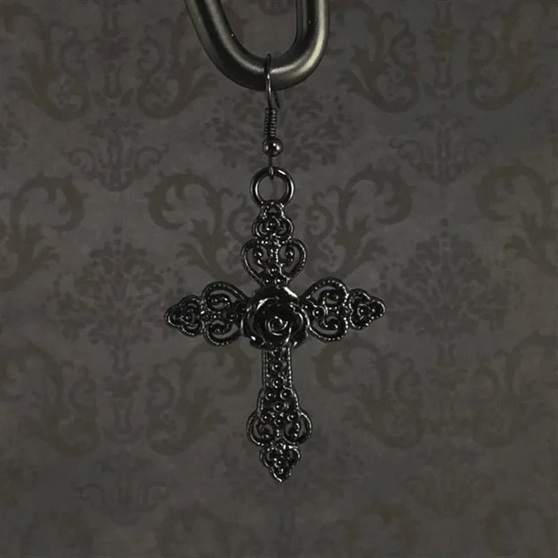 Large Gothic Cross Earrings with Black Rose Detail.