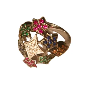 Magnificent 18K White Gold Diamond Multi-Color Sapphire Stars Cocktail Ring
