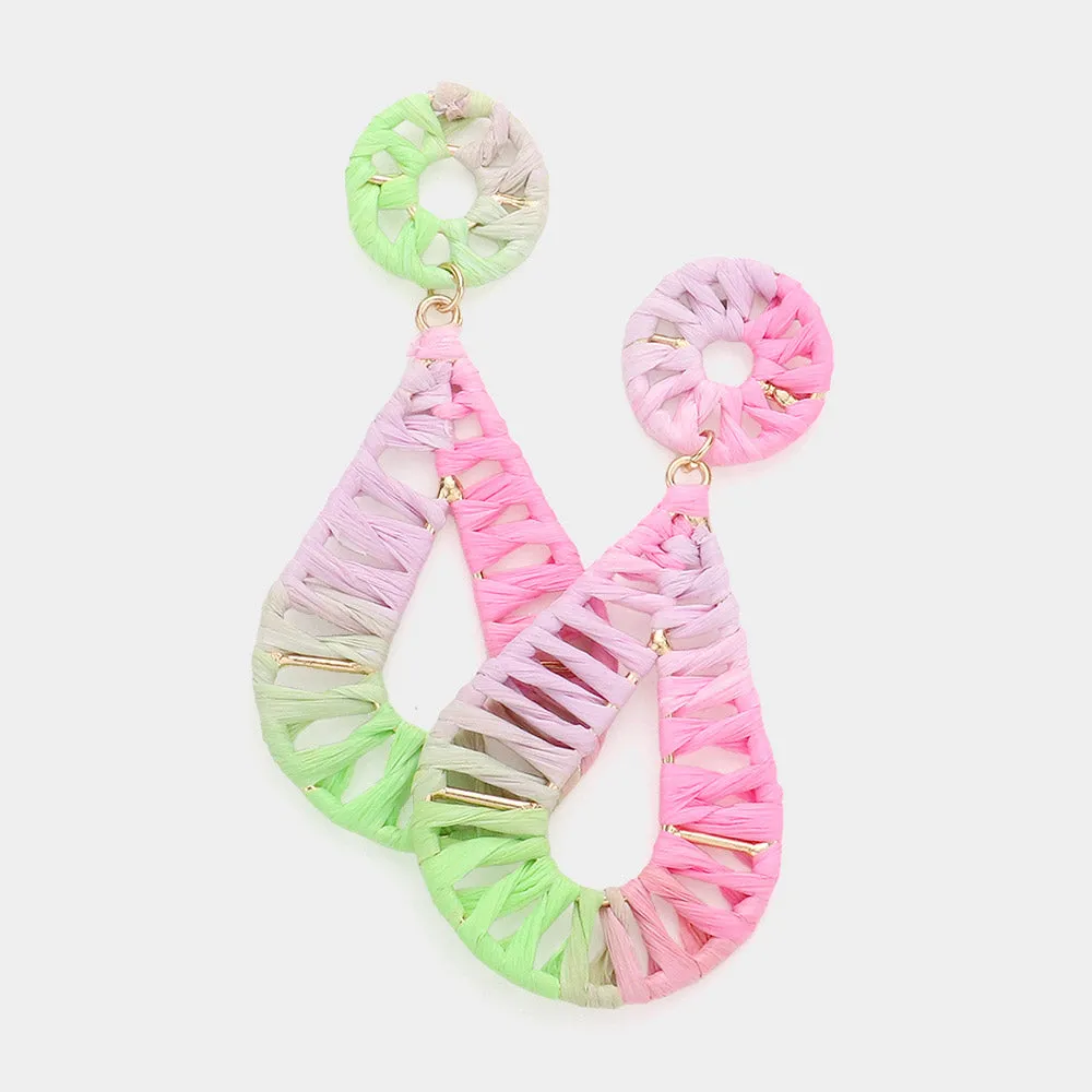 Multi-Color Raffia Wrapped Teardrop Dangle Earrings | Fun Fashion Earrings | 595273