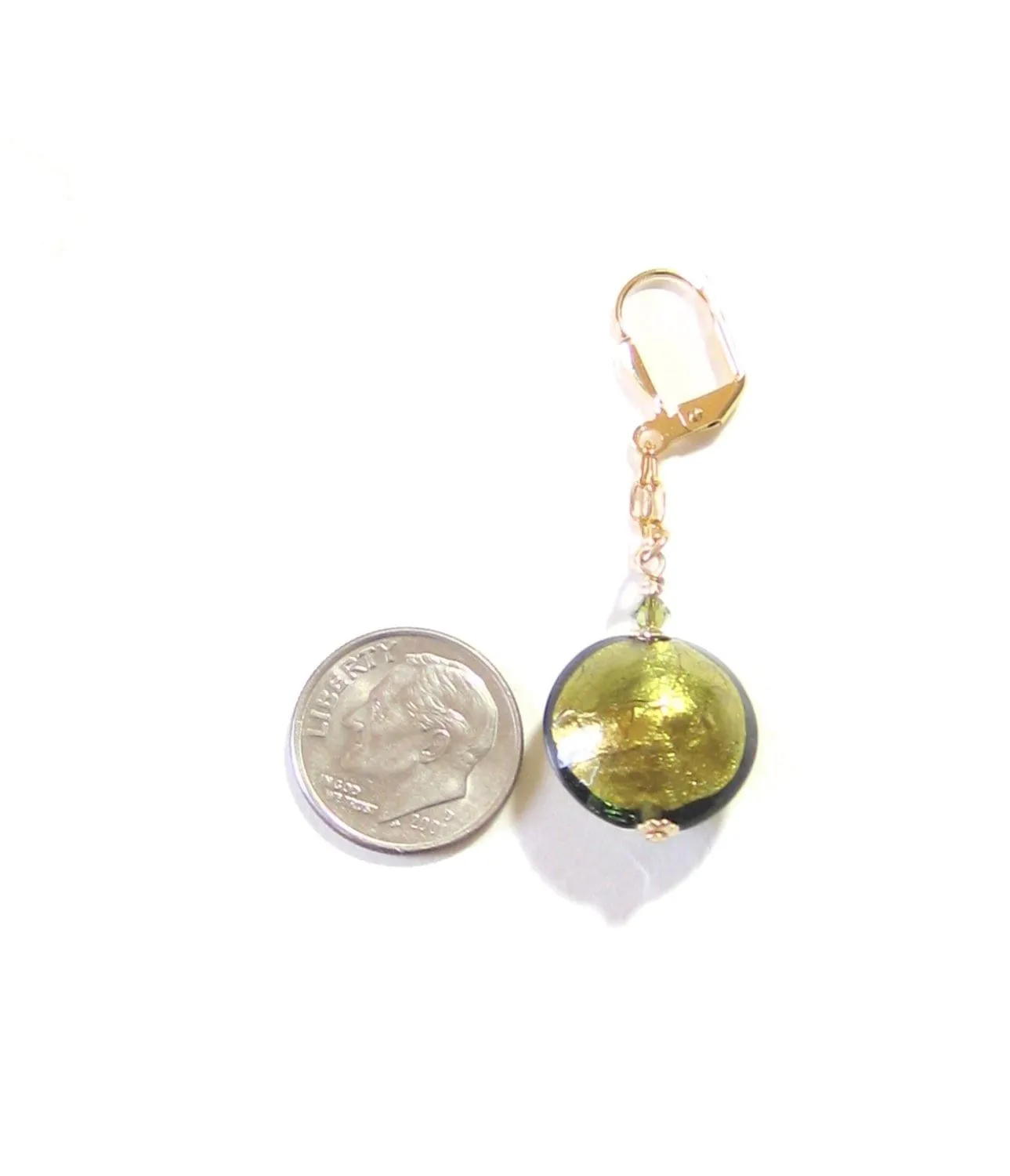 Murano Glass Olive Green Disc Dangle Gold Earrings, Leverback Earrings