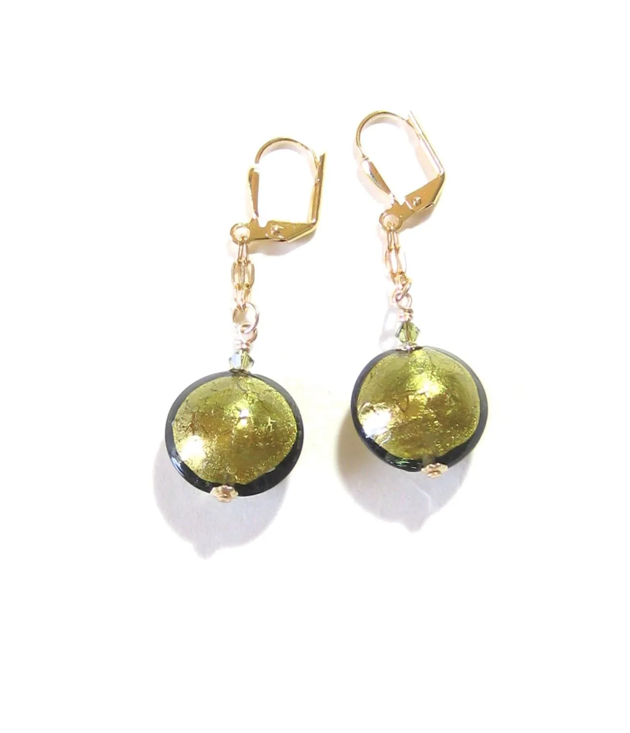Murano Glass Olive Green Disc Dangle Gold Earrings, Leverback Earrings