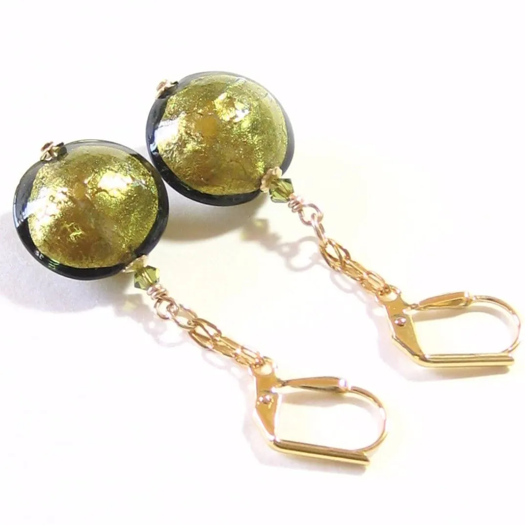Murano Glass Olive Green Disc Dangle Gold Earrings, Leverback Earrings