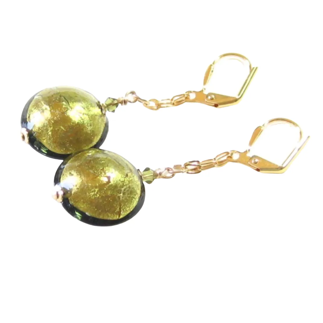 Murano Glass Olive Green Disc Dangle Gold Earrings, Leverback Earrings
