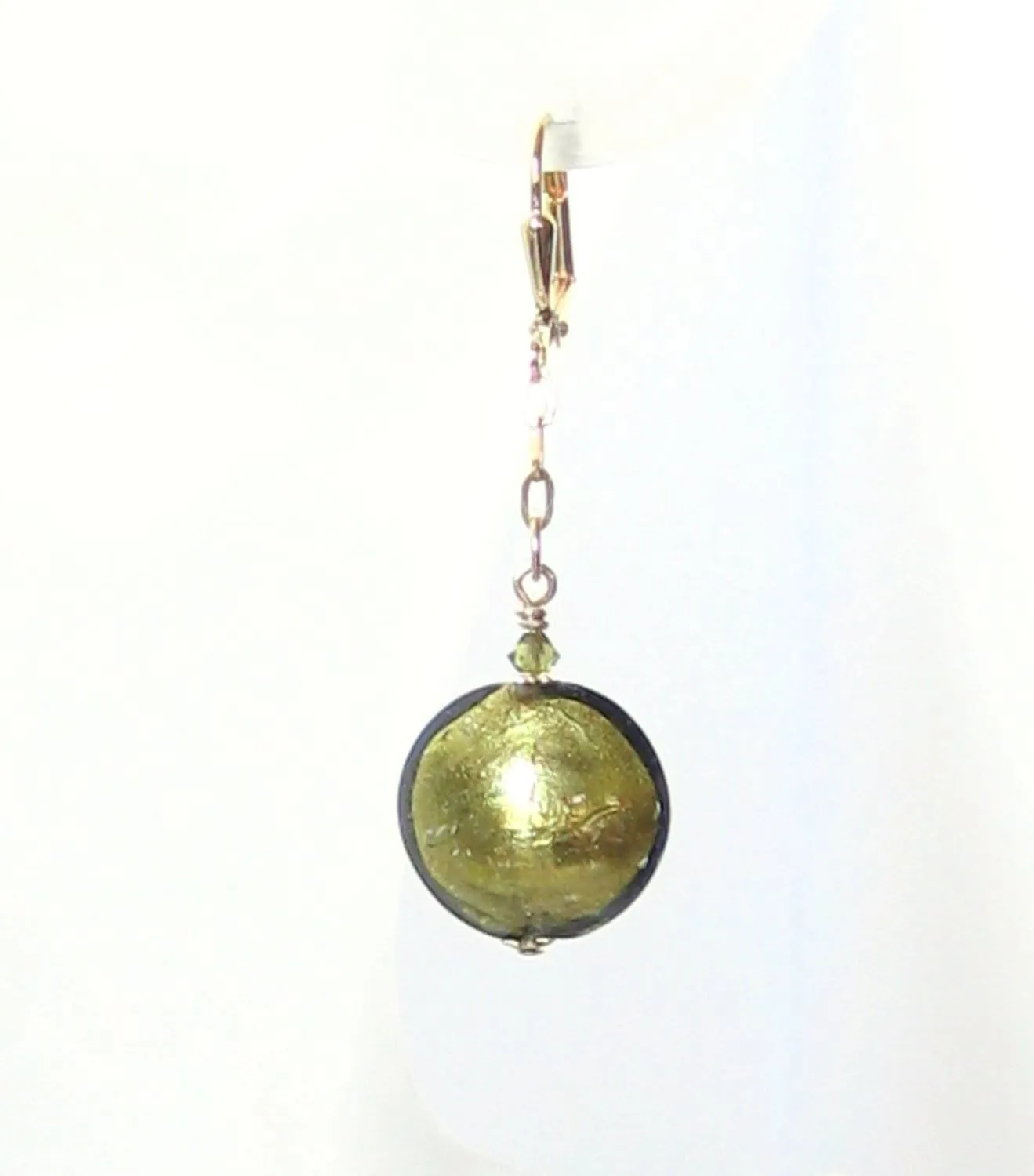 Murano Glass Olive Green Disc Dangle Gold Earrings, Leverback Earrings