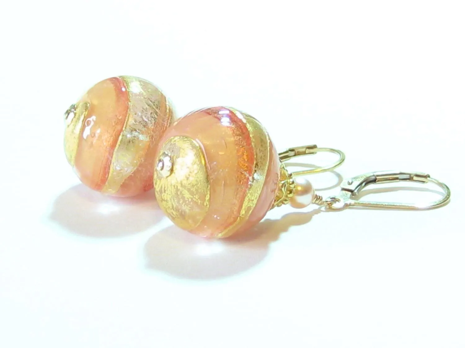 Murano Glass Peach Ball Dangle Gold Earrings by JKC Murano