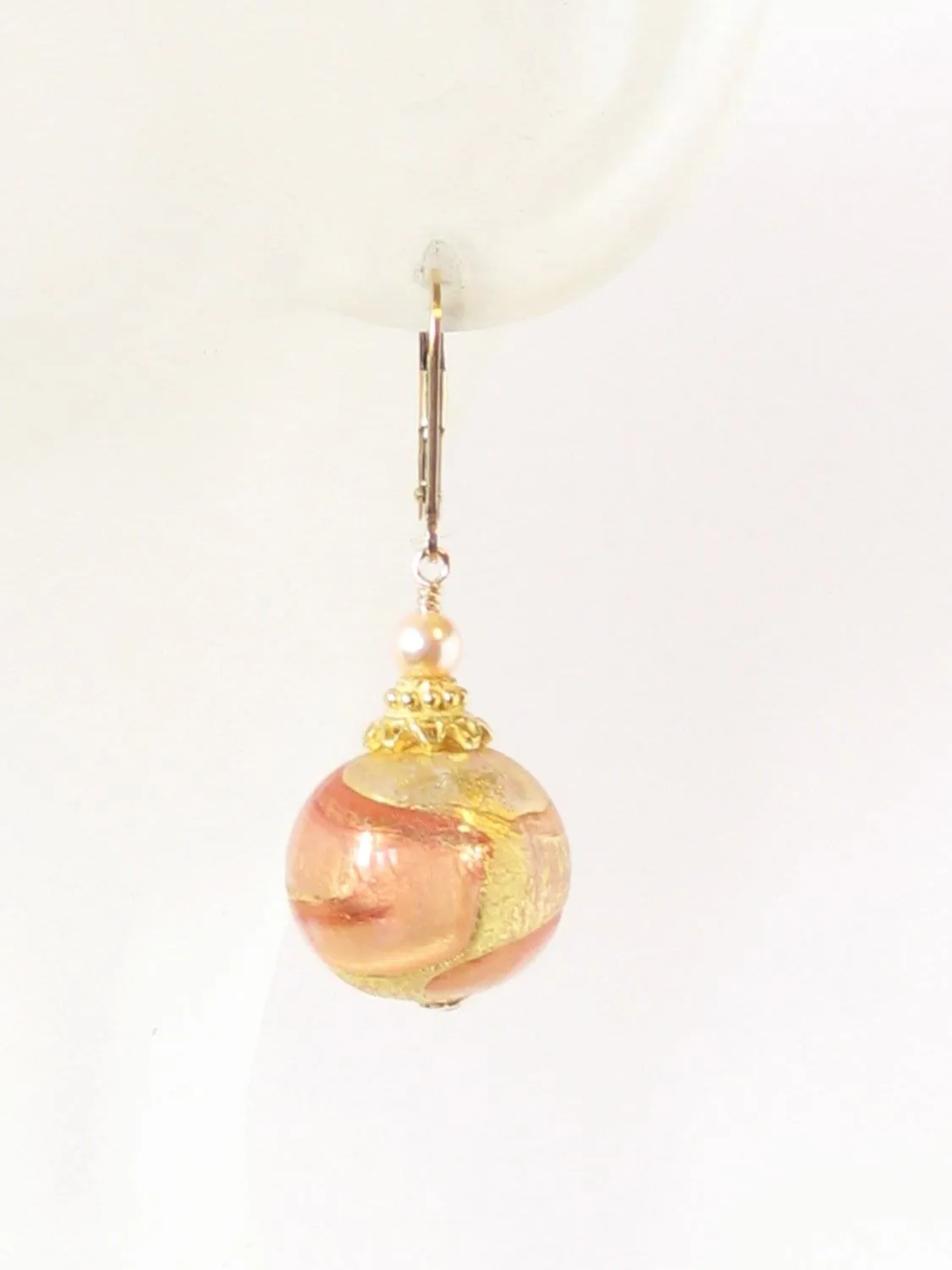 Murano Glass Peach Ball Dangle Gold Earrings by JKC Murano