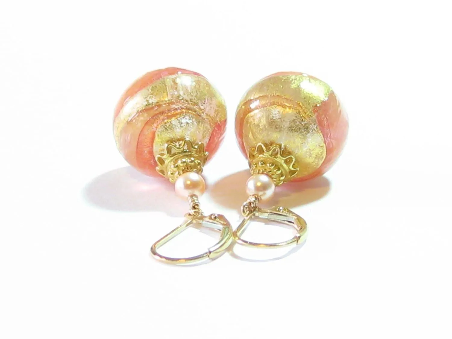 Murano Glass Peach Ball Dangle Gold Earrings by JKC Murano