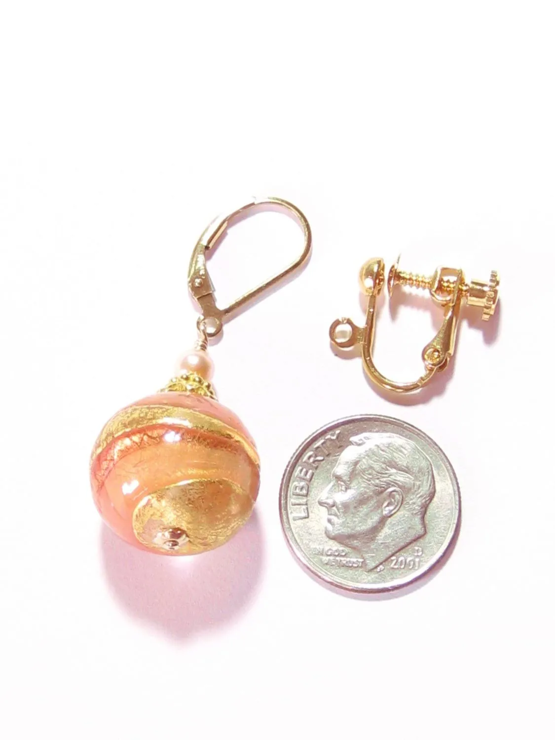 Murano Glass Peach Ball Dangle Gold Earrings by JKC Murano