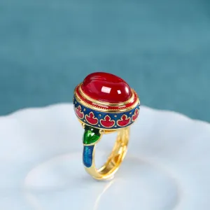 Natural Carnelian Antique Gold Rings for Women Flower Enamel Jewelry