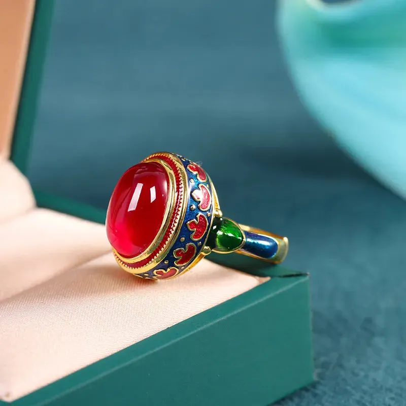 Natural Carnelian Antique Gold Rings for Women Flower Enamel Jewelry