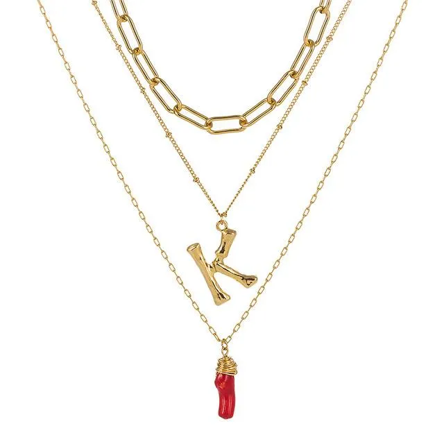 Natural Red Coral Gold Alloy Letter Pendant Long Chain Necklace