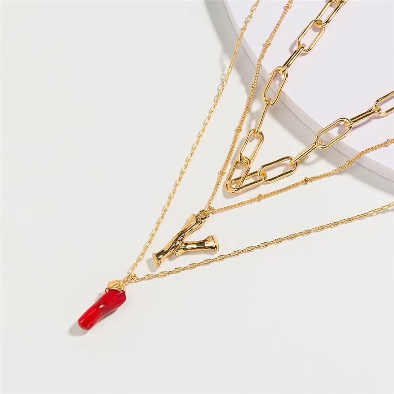 Natural Red Coral Gold Alloy Letter Pendant Long Chain Necklace