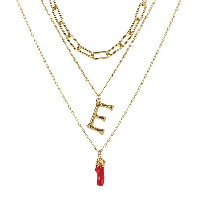 Natural Red Coral Gold Alloy Letter Pendant Long Chain Necklace