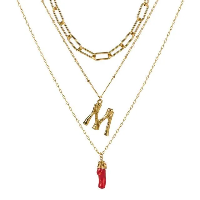 Natural Red Coral Gold Alloy Letter Pendant Long Chain Necklace