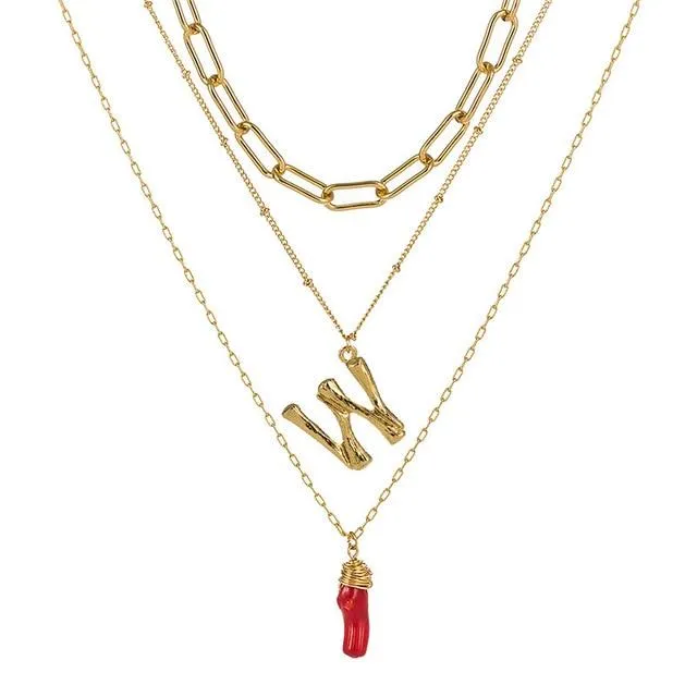 Natural Red Coral Gold Alloy Letter Pendant Long Chain Necklace