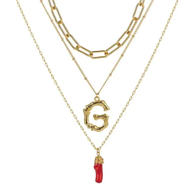 Natural Red Coral Gold Alloy Letter Pendant Long Chain Necklace