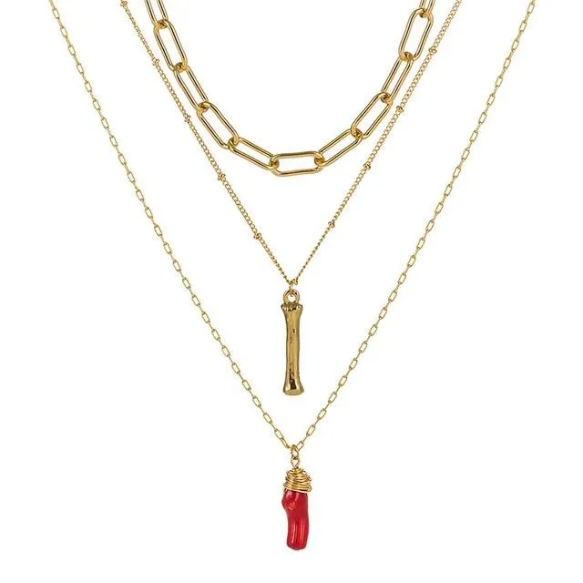 Natural Red Coral Gold Alloy Letter Pendant Long Chain Necklace