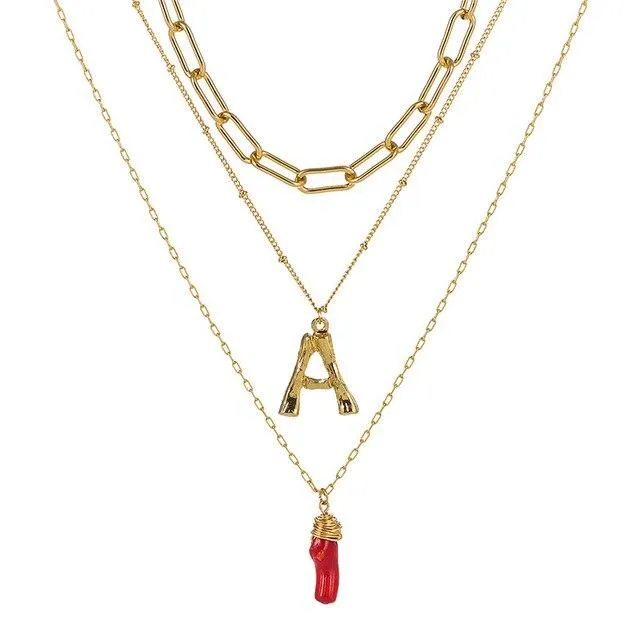 Natural Red Coral Gold Alloy Letter Pendant Long Chain Necklace