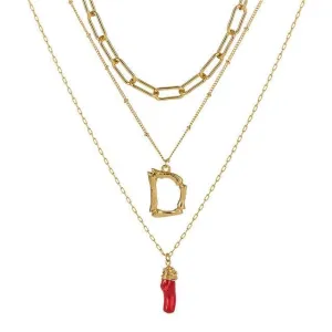 Natural Red Coral Gold Alloy Letter Pendant Long Chain Necklace