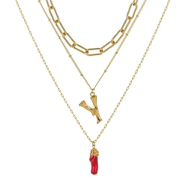 Natural Red Coral Gold Alloy Letter Pendant Long Chain Necklace