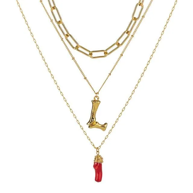 Natural Red Coral Gold Alloy Letter Pendant Long Chain Necklace