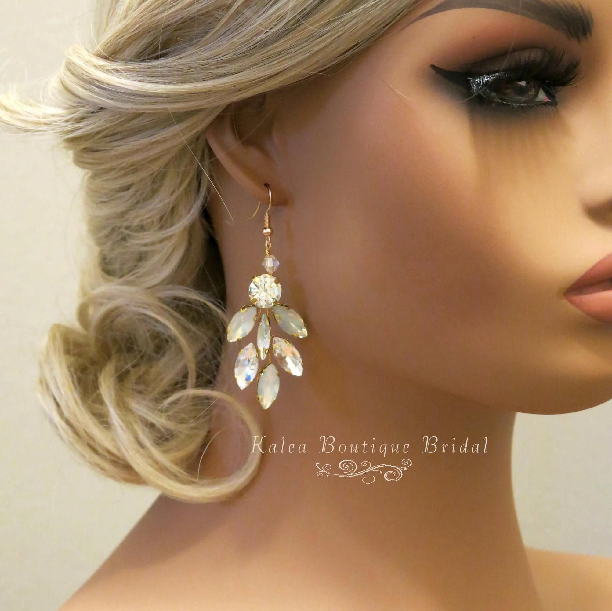 Opal Style Crystal Earrings, Bridal Rhinestone Gem Earrings, Wedding Dangle Gem Wire Earrings