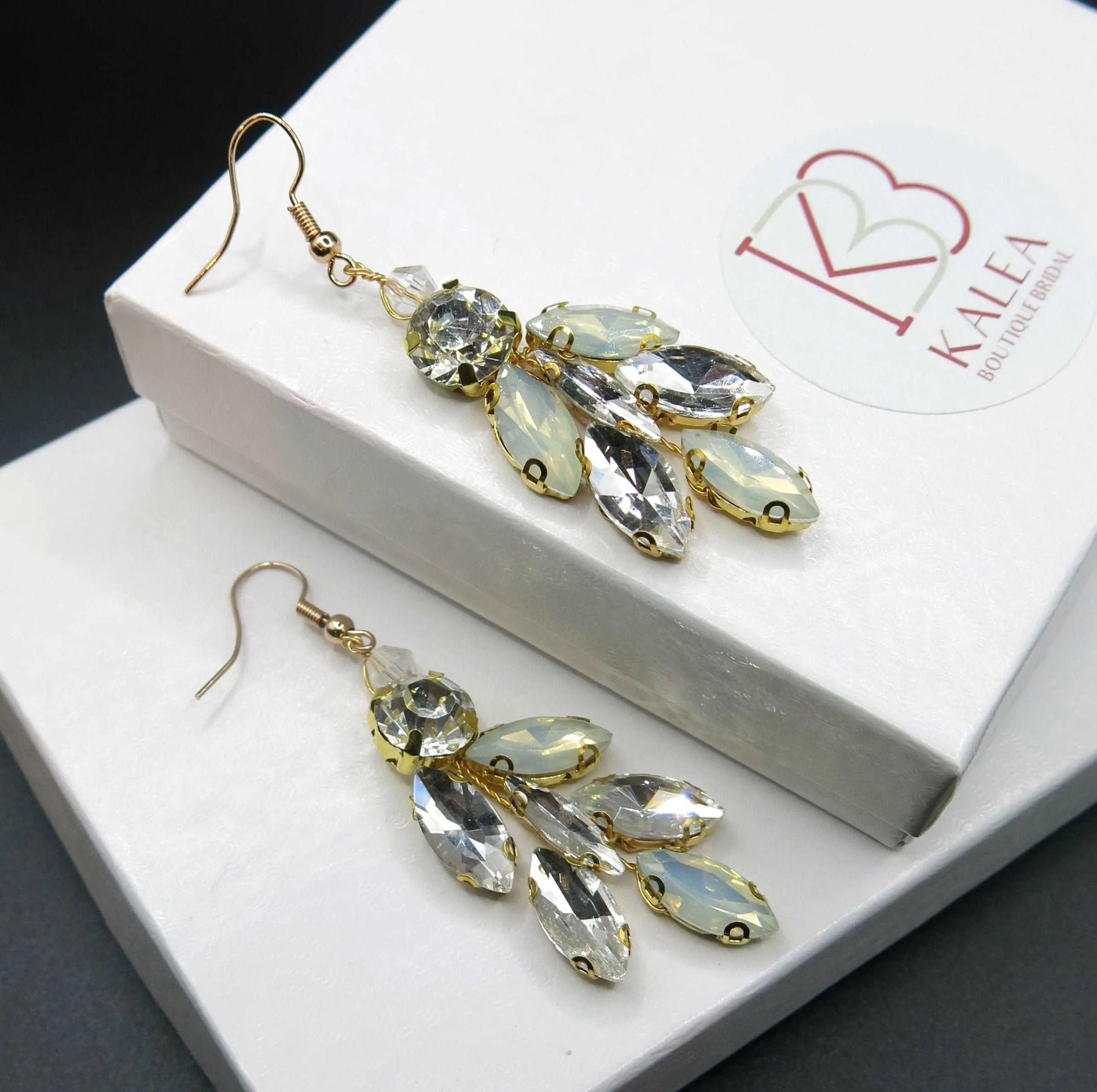 Opal Style Crystal Earrings, Bridal Rhinestone Gem Earrings, Wedding Dangle Gem Wire Earrings