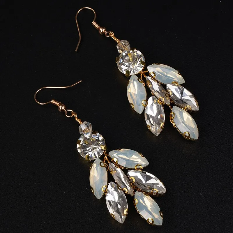 Opal Style Crystal Earrings, Bridal Rhinestone Gem Earrings, Wedding Dangle Gem Wire Earrings