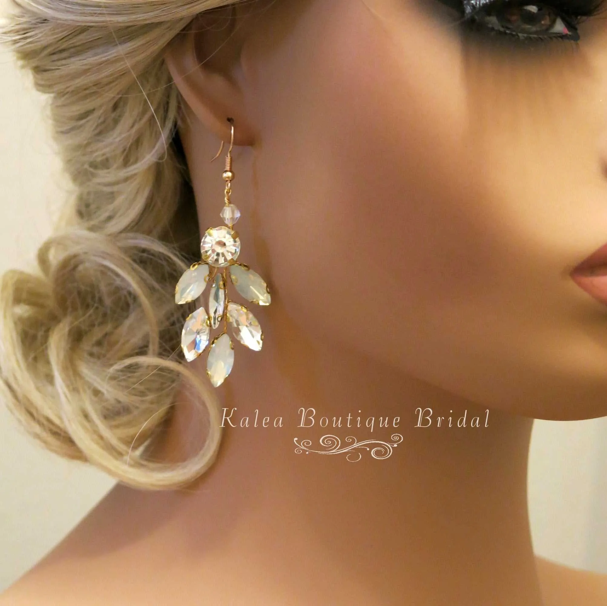 Opal Style Crystal Earrings, Bridal Rhinestone Gem Earrings, Wedding Dangle Gem Wire Earrings