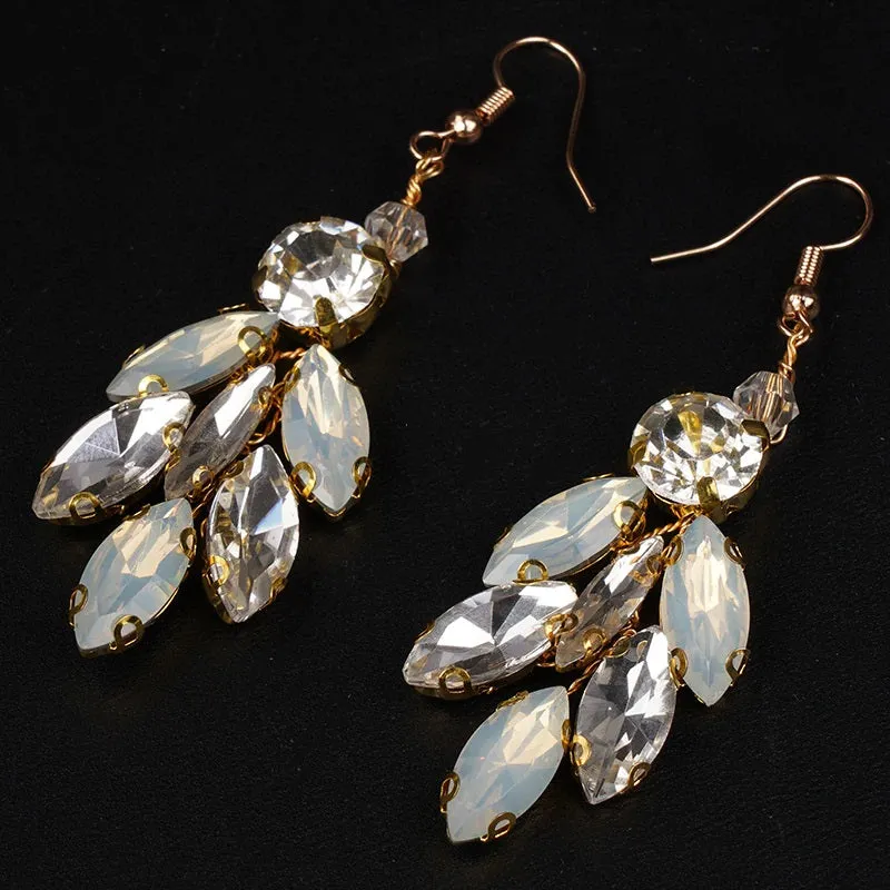 Opal Style Crystal Earrings, Bridal Rhinestone Gem Earrings, Wedding Dangle Gem Wire Earrings