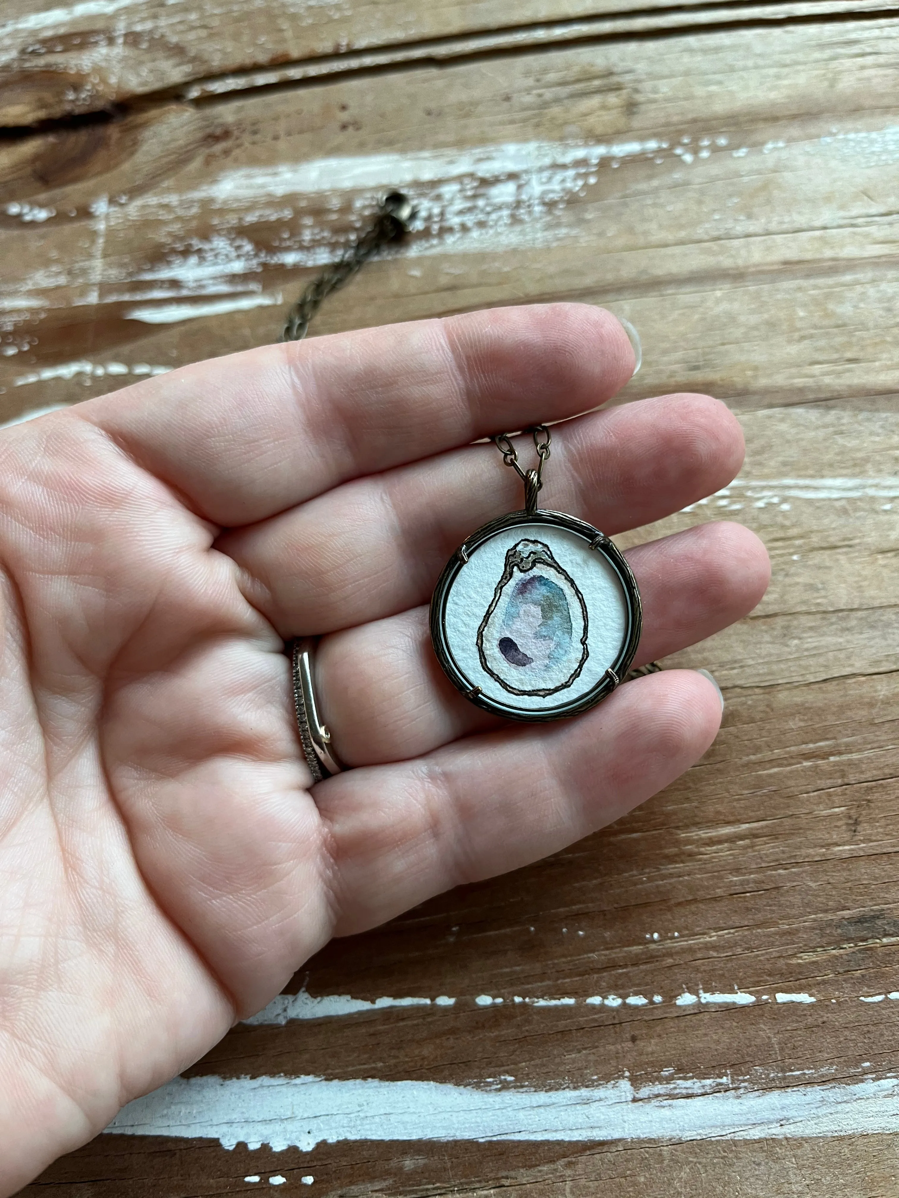 Oyster Shell Art, Original Watercolor Hand Painted Necklace Pendant, Seashell Painting