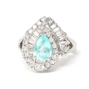 Paraiba Tourmaline and Diamond Ring Set in 14k White Gold, Circa 1990