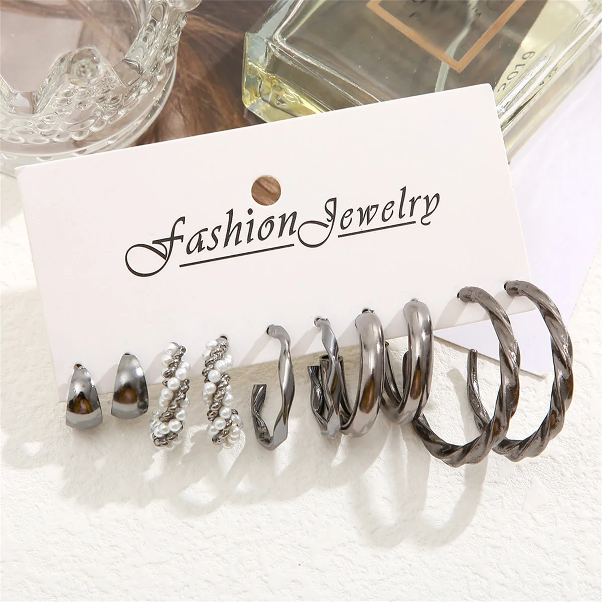 Pearl & Black-Tone Twisted Hoop Earrings Set