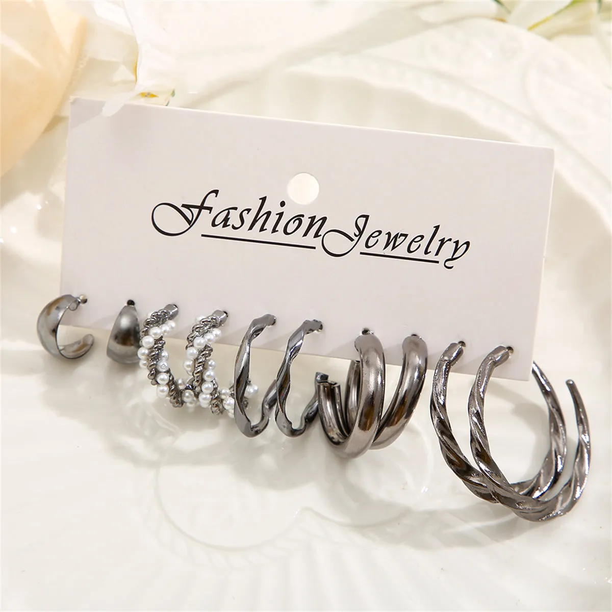 Pearl & Black-Tone Twisted Hoop Earrings Set