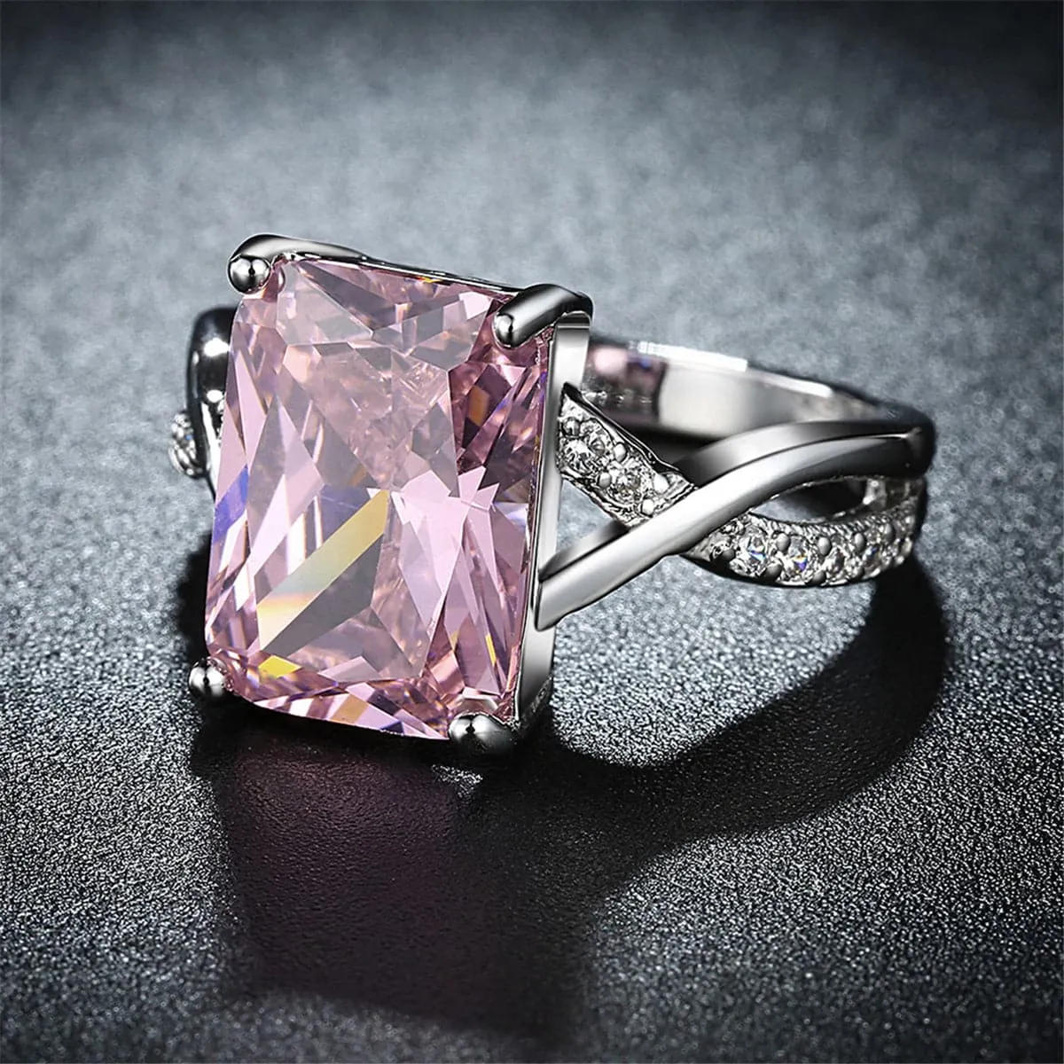 Pink Cubic Zirconia & Silver-Plated Twist-Band Statement Ring