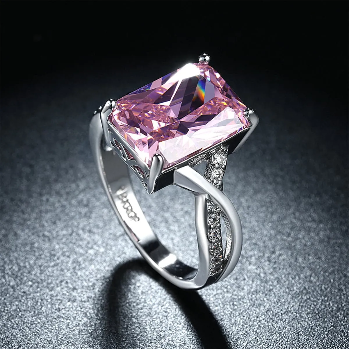 Pink Cubic Zirconia & Silver-Plated Twist-Band Statement Ring