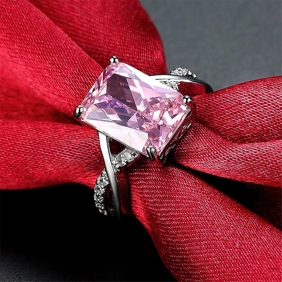 Pink Cubic Zirconia & Silver-Plated Twist-Band Statement Ring