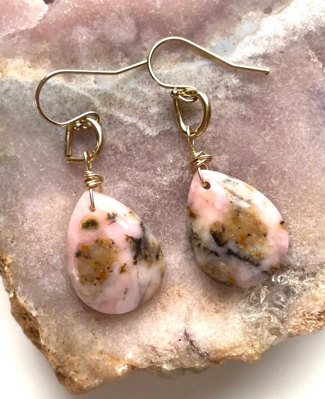 Pink Opal Gold Filled Statement Crystal Gemstone Earrings