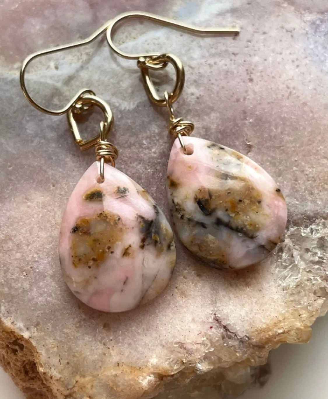 Pink Opal Gold Filled Statement Crystal Gemstone Earrings