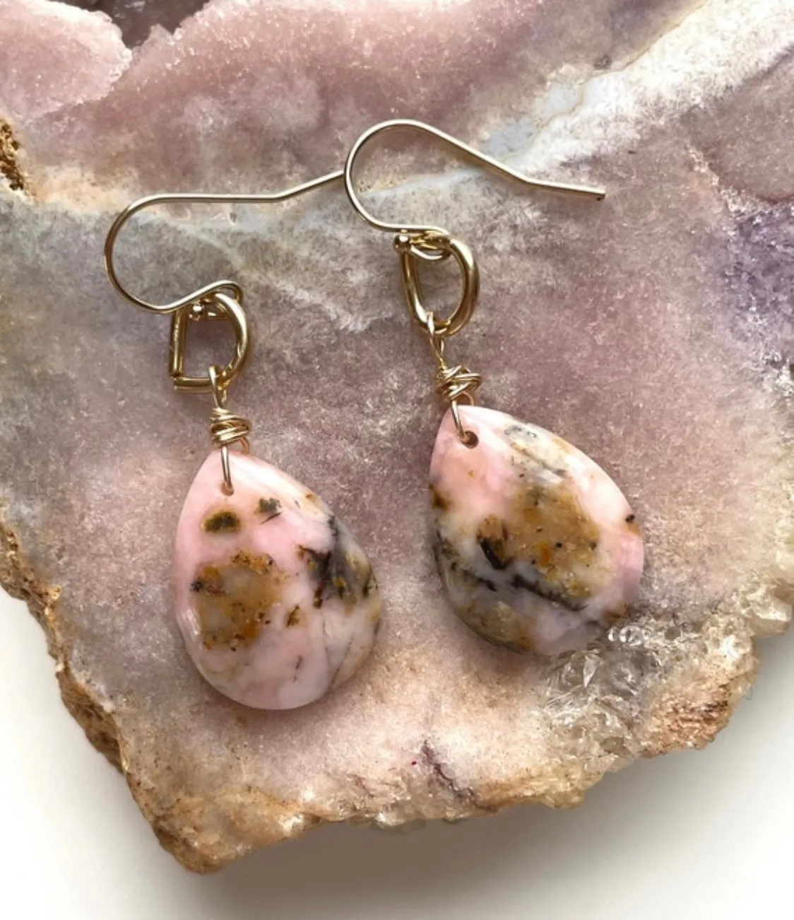 Pink Opal Gold Filled Statement Crystal Gemstone Earrings
