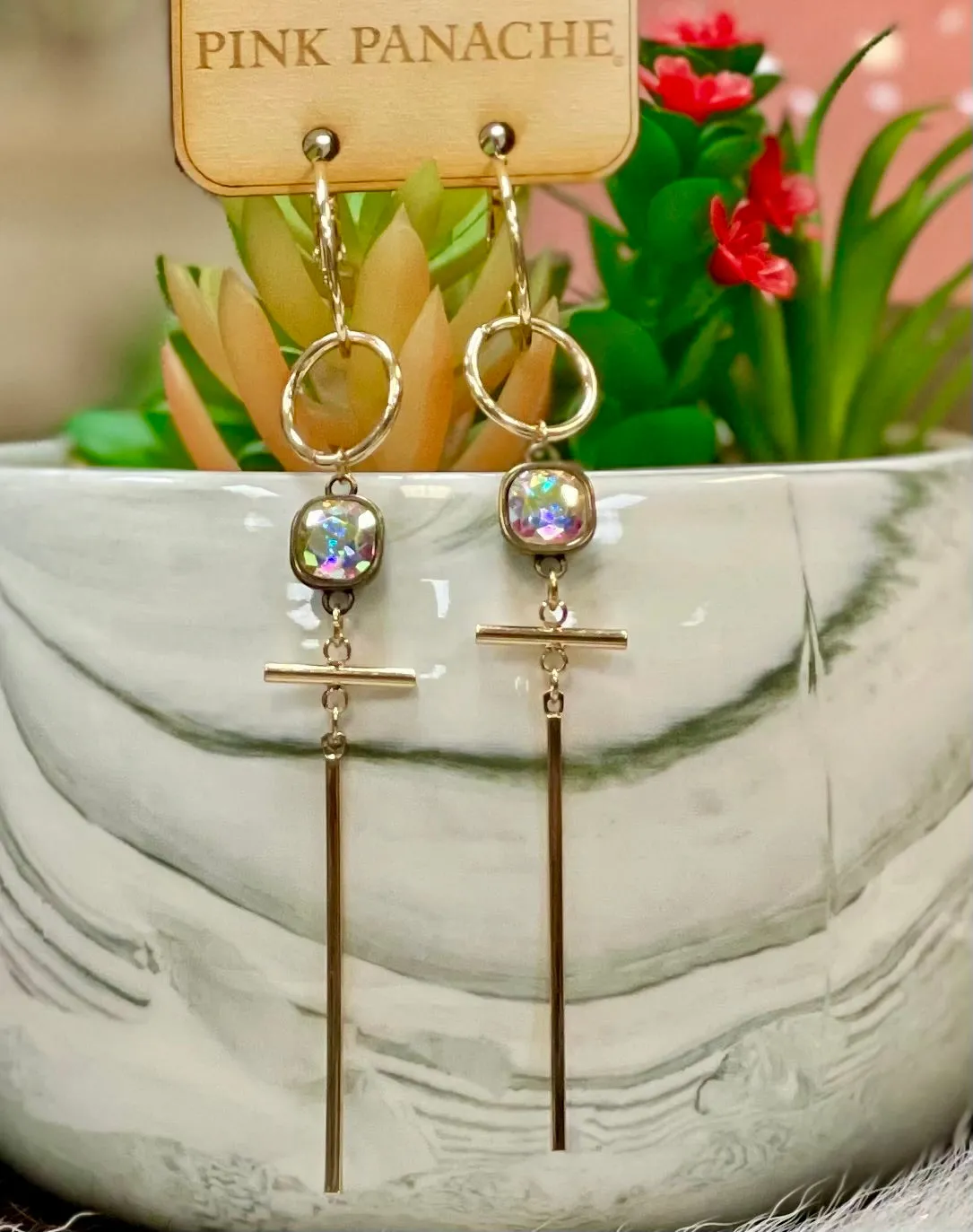 Pink Panache AB Swarovski Crystal Long Dangle Barred Cross Lever-Back Earrings