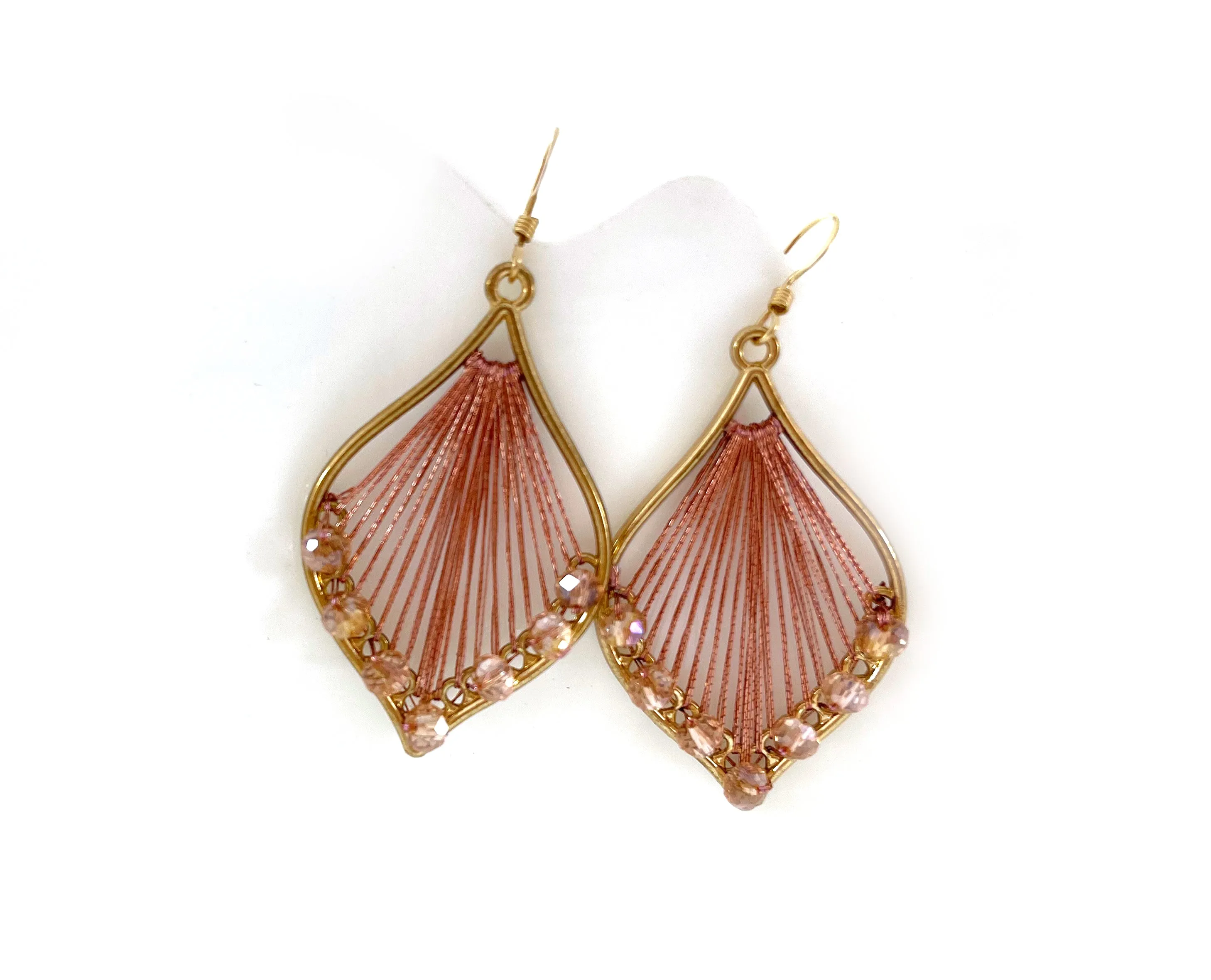 Pink Woven Thread and Crystal Beaded Earrings