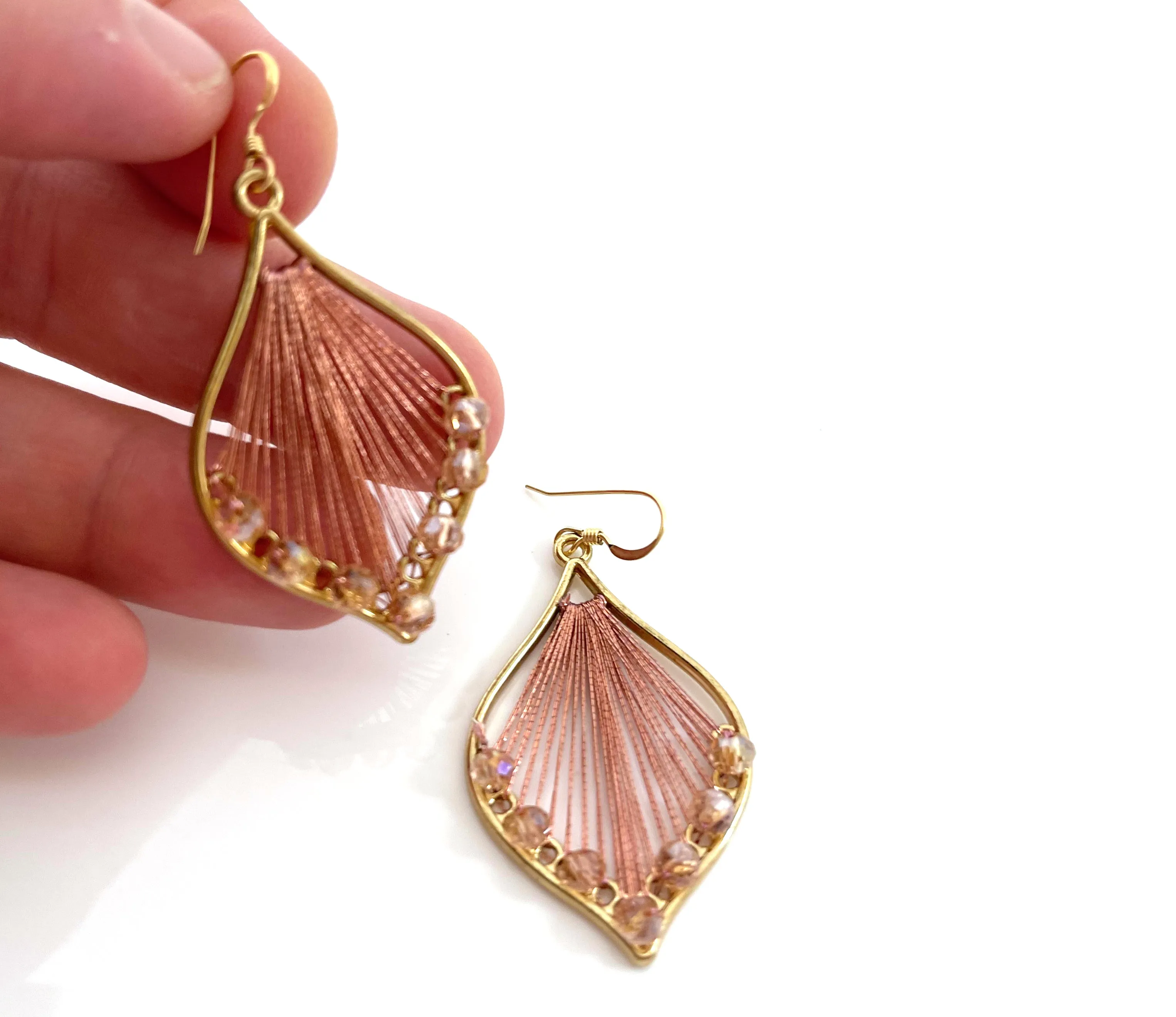 Pink Woven Thread and Crystal Beaded Earrings