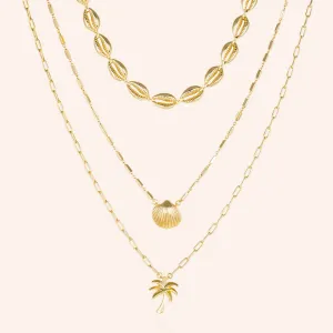 "Copacabana" Set of Three Shells & Palm Pendants Layering Necklaces