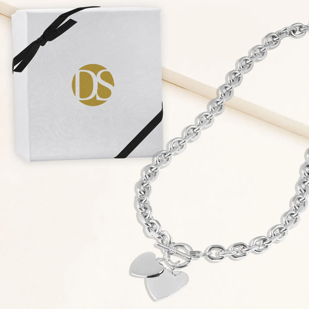 "Double Love" Heart Pendants Oval Link Chain Toggle Necklace