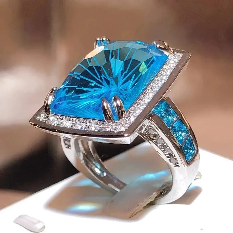 Rectangle Blue Topaz Ring for Women Silver Engagement Bridal Jewelry