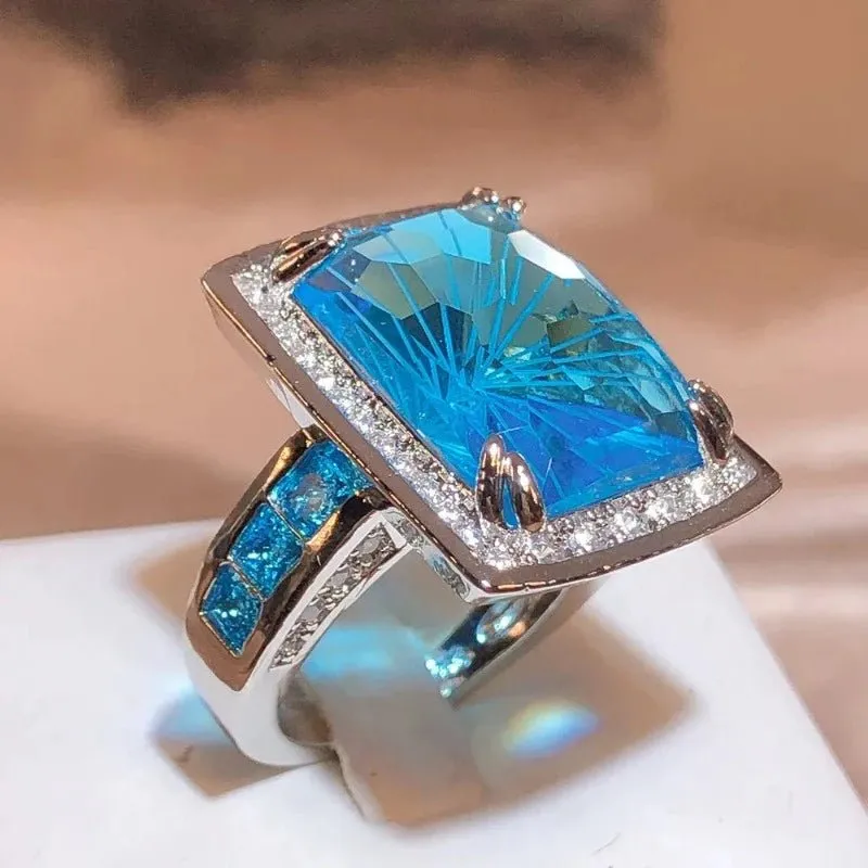 Rectangle Blue Topaz Ring for Women Silver Engagement Bridal Jewelry
