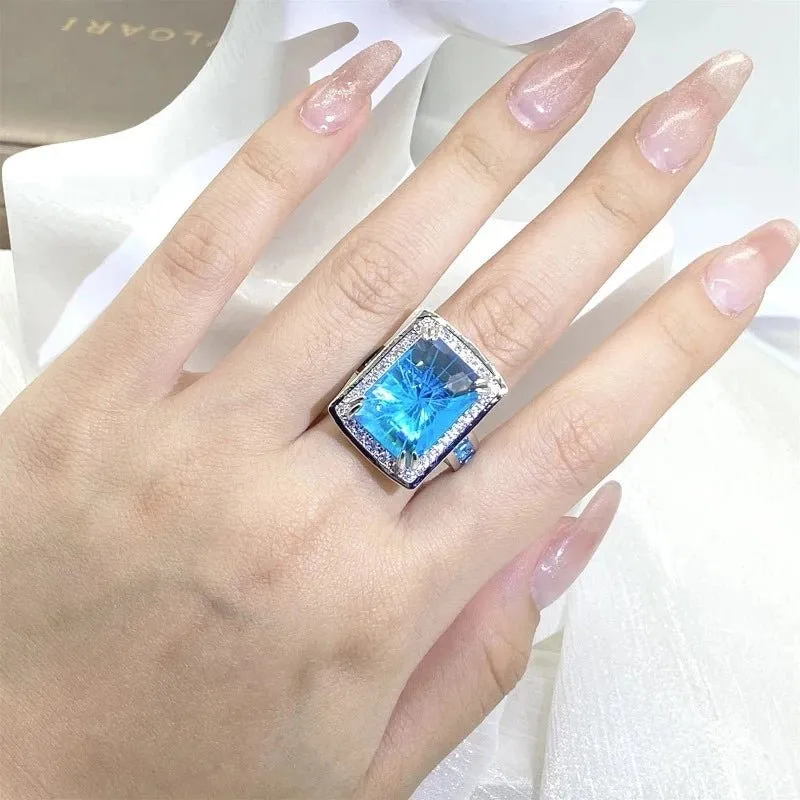 Rectangle Blue Topaz Ring for Women Silver Engagement Bridal Jewelry